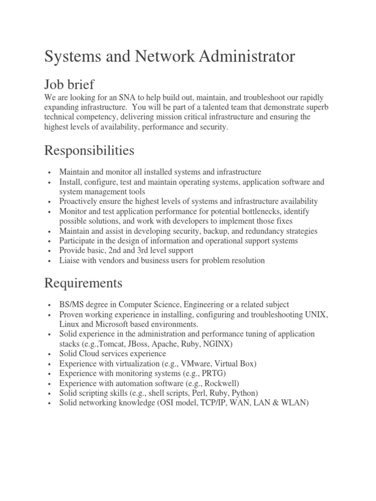 Systems and Network Administrator Role | PDF