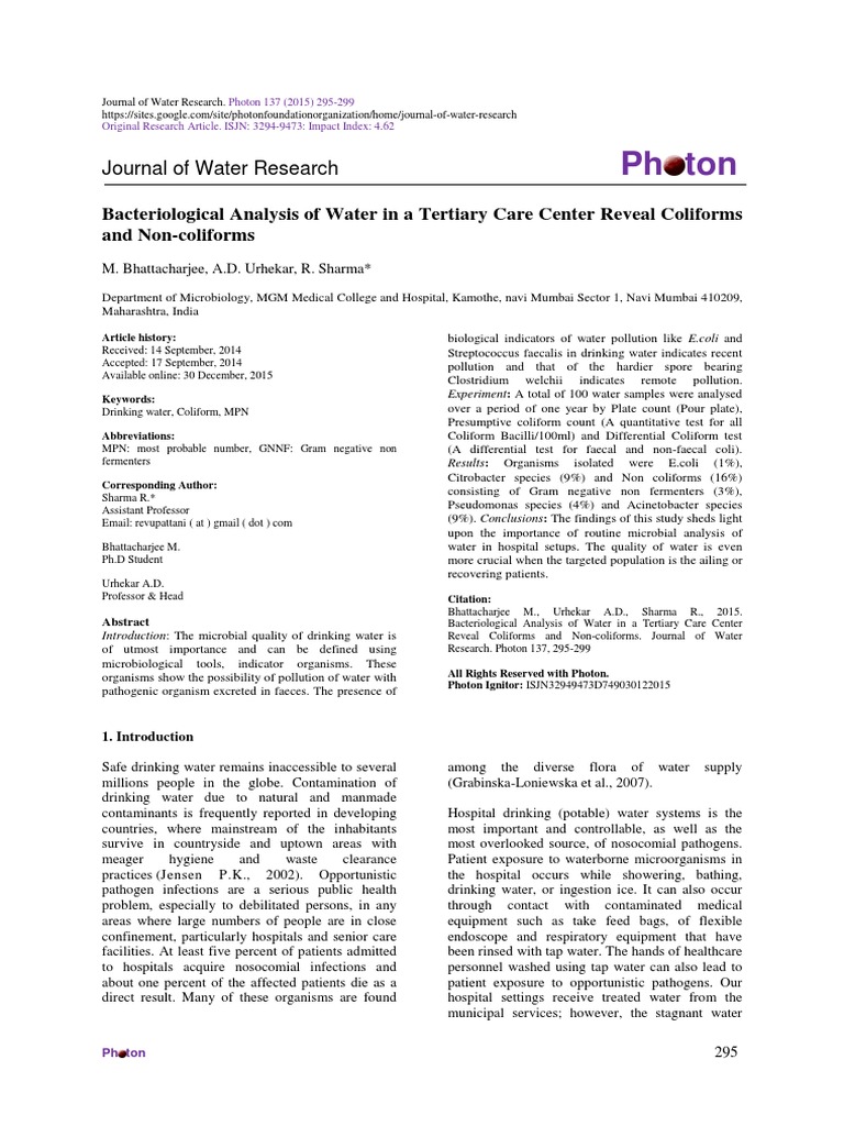 Bacteriological Analysis of Water in A Tertiary Care Center Reveal