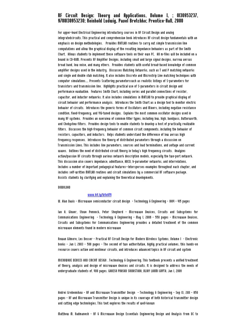 RF Circuit Design Theory and Applications Volume 1 PDF Electronic