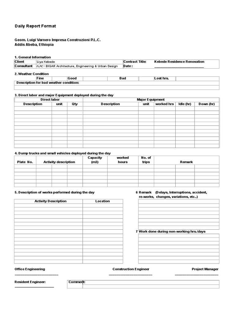 Daily Report Format: Geom. Luigi Varnero Impresa Construzioni P.L.C ...