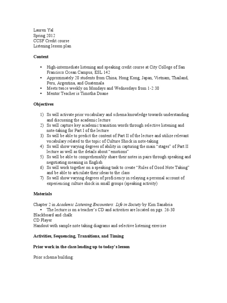 Academic Listening Lesson Plan | PDF