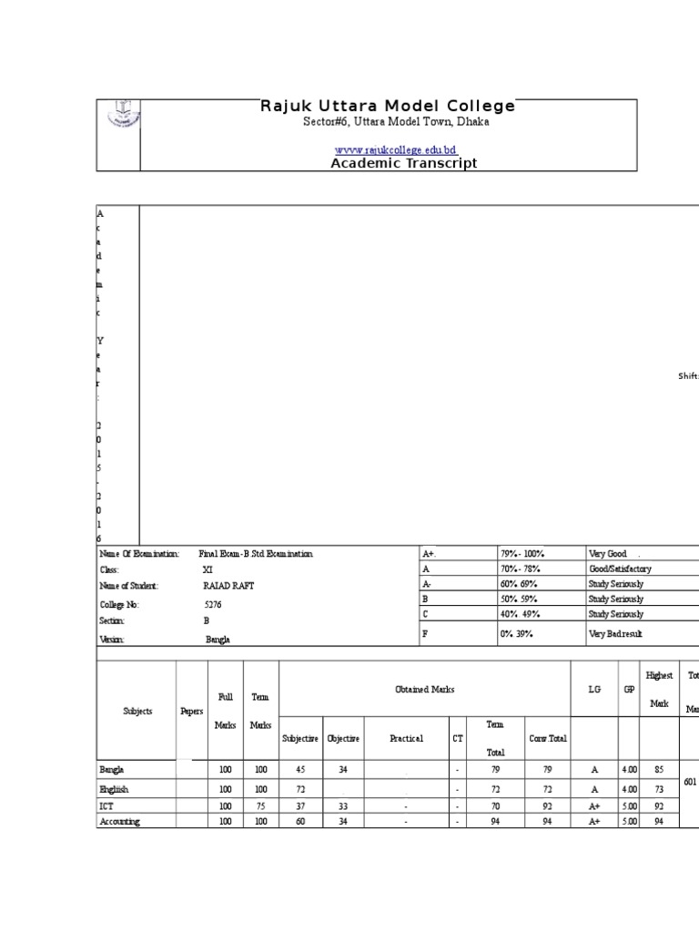 Rajuk Uttara Model College: Academic Transcript | PDF