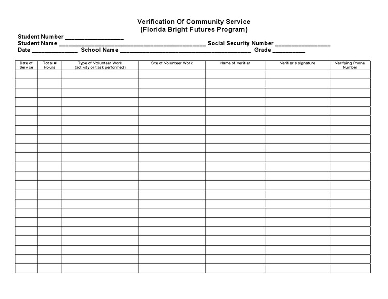 Bright Futures Community Service Log