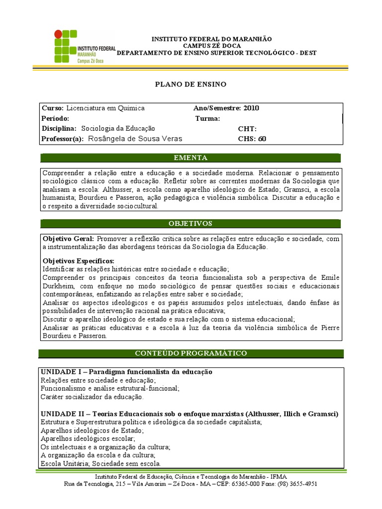 Plano de Ensino Superior - Sociologia Da Educação | PDF | Louis ...