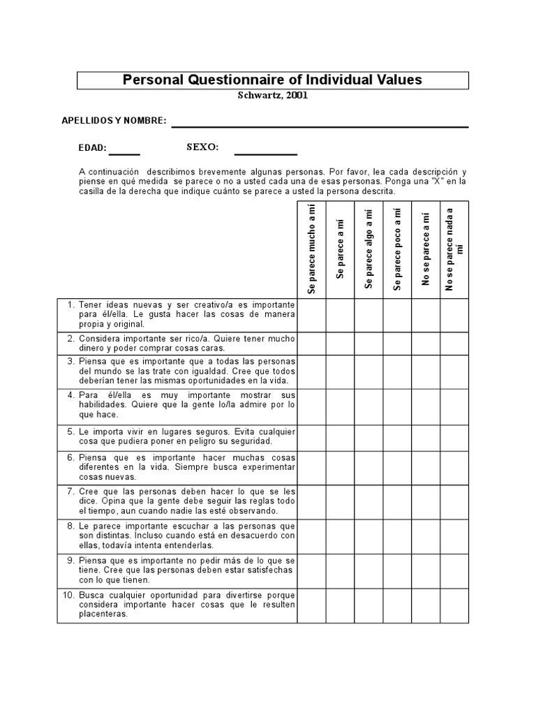 Cuestionario de Valores Personales | PDF