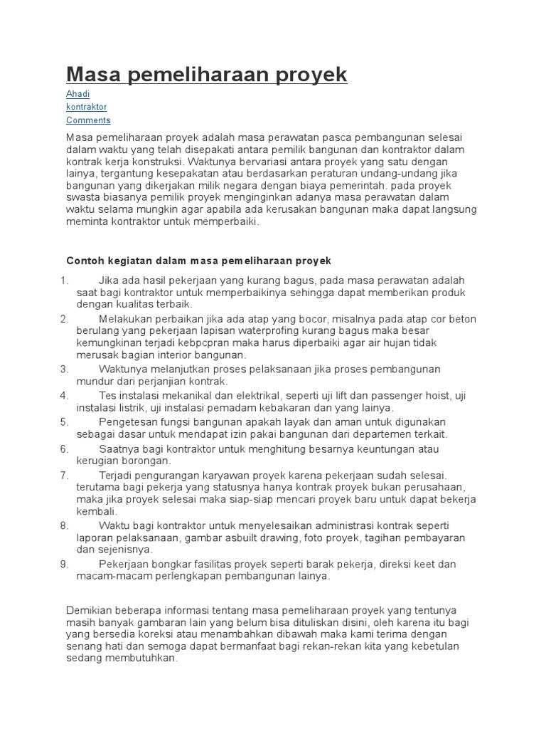 Masa Pemeliharaan Proyek