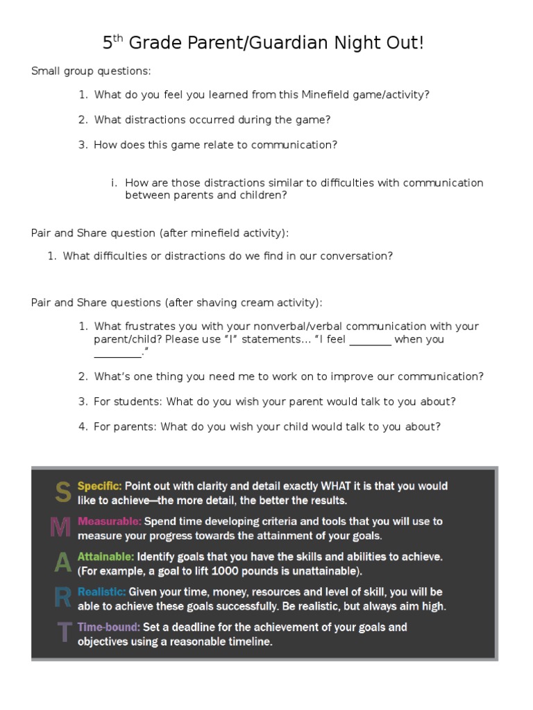5th Grade Parent Night Communication Activities | PDF