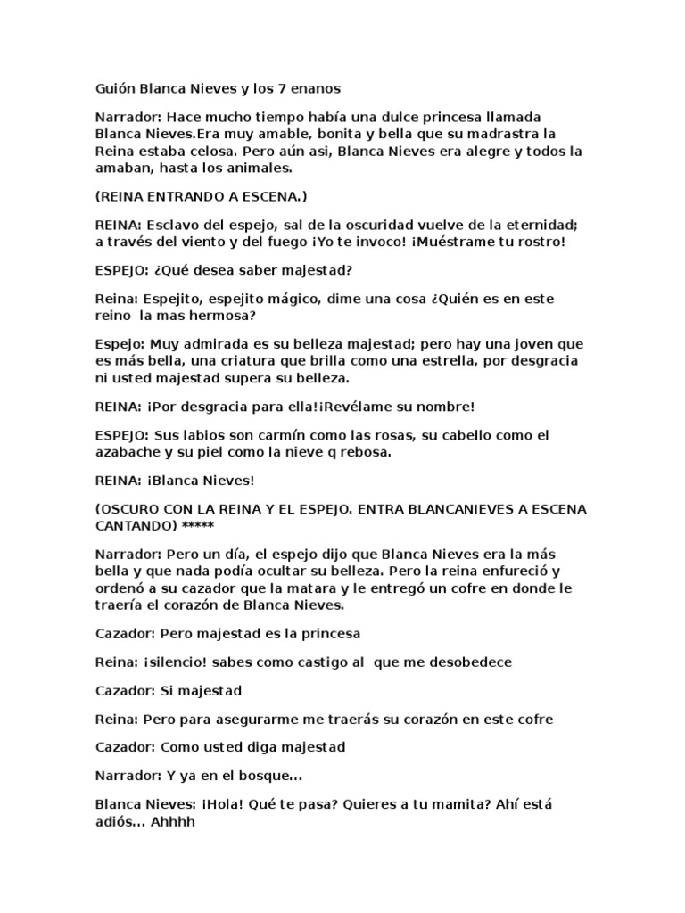 Guión Blanca Nieves y Los 7 Enanos Blanco como la nieve Ocio