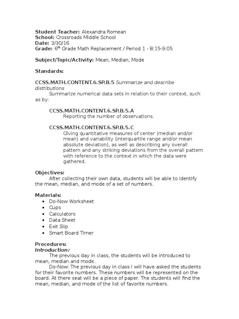 Mean Median Mode Lesson Plan | PDF | Median | Mean