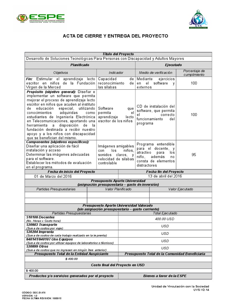 10 Acta de Cierre y Entrega Del Proyecto1 | PDF | Presupuesto | Software