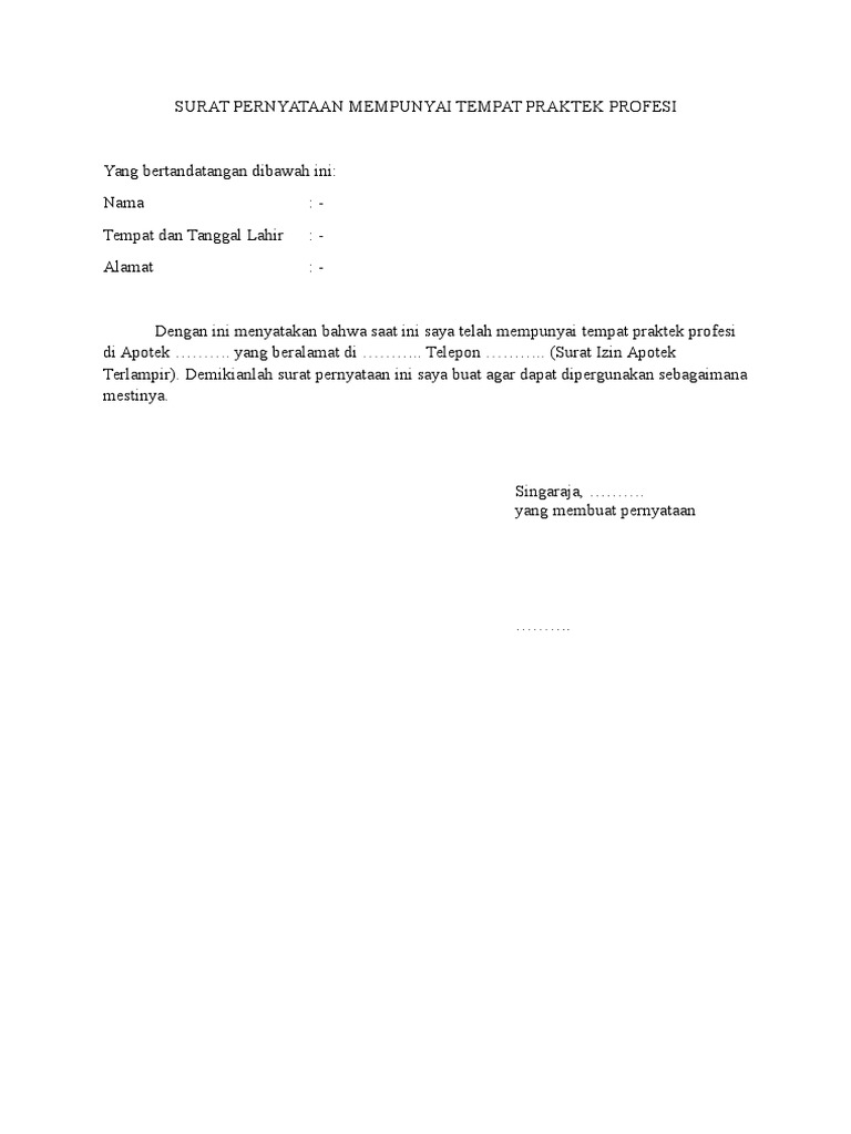 Surat Pernyataan Mempunyai Tempat Praktek Profesi