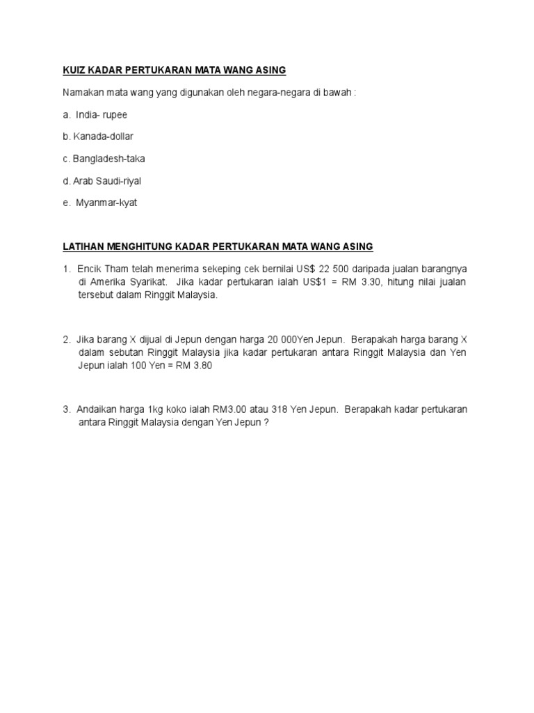 Kuiz Kadar Pertukaran Mata Wang Asing  PDF