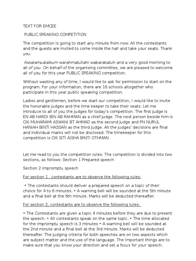 Emcee Script for Public Speaking Contest | PDF | Sports & Recreation