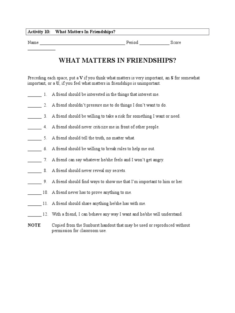 Friendship Values Assessment | PDF | Career & Growth | Lifestyle