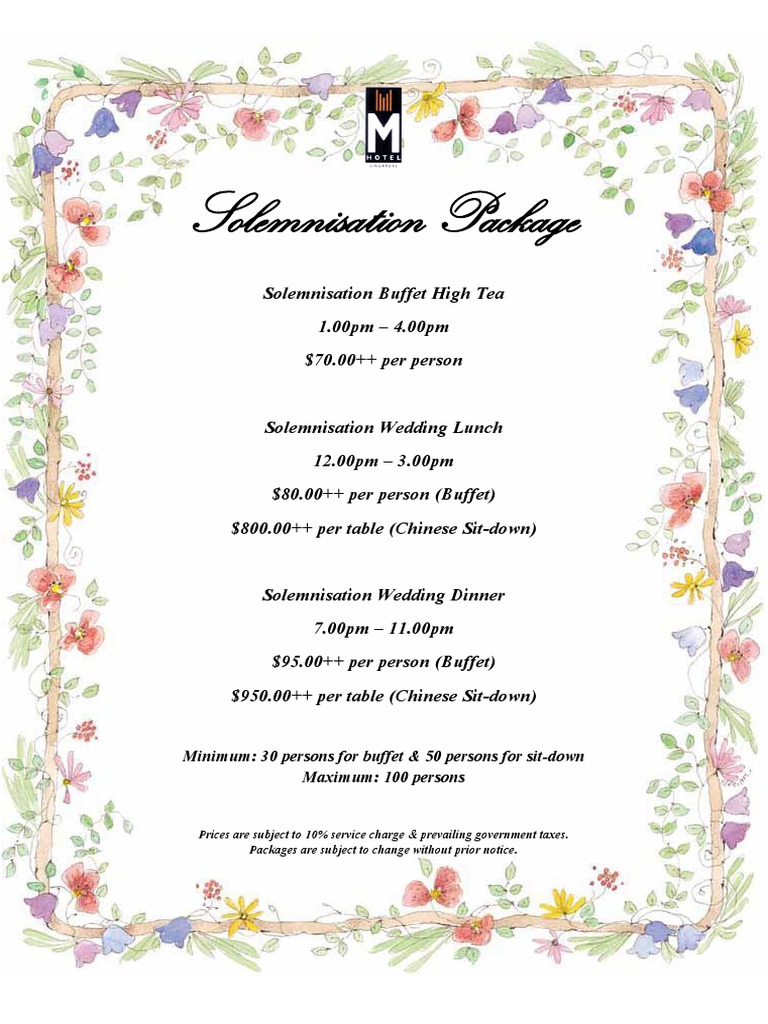 M Hotel Wedding Banquet Price List Package ROM Foods Food & Wine