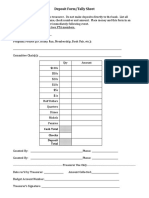 Deposit Form/Tally Sheet: Cash Total Checks Deposit Total