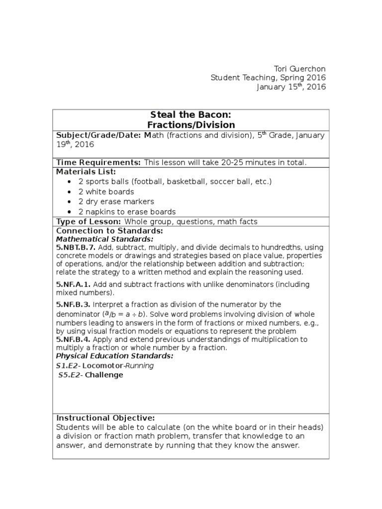 Steal the Bacon: Math Game Lesson Plan | PDF | Fraction (Mathematics ...