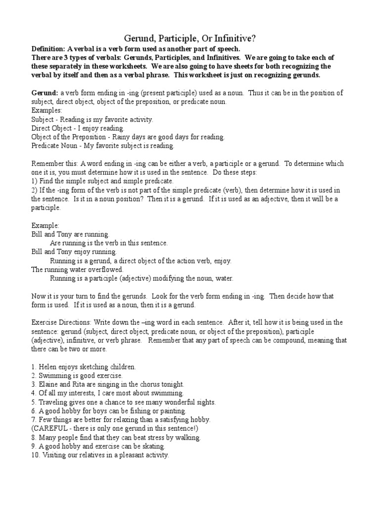 Worksheets Infinitive Phrase Worksheet gerund participle infinitive verb adjective