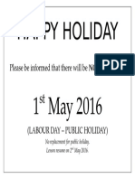 May 2016 Labour Day Holiday - No Lesson