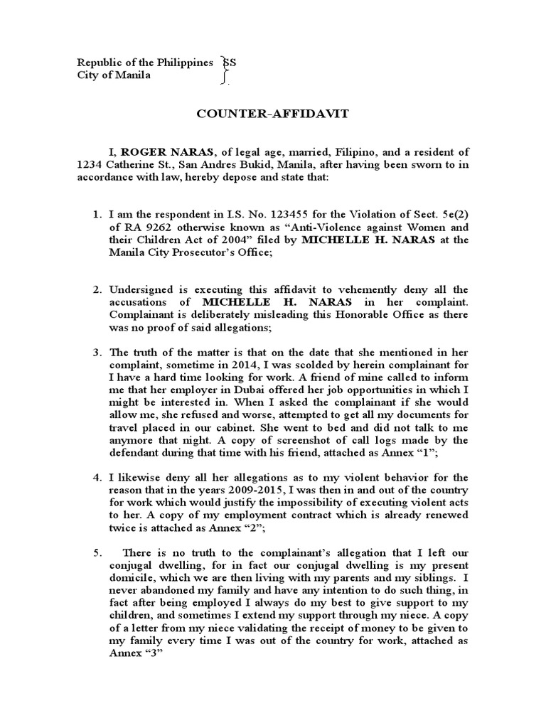 Counter Affidavit VAWC Common Law Politics