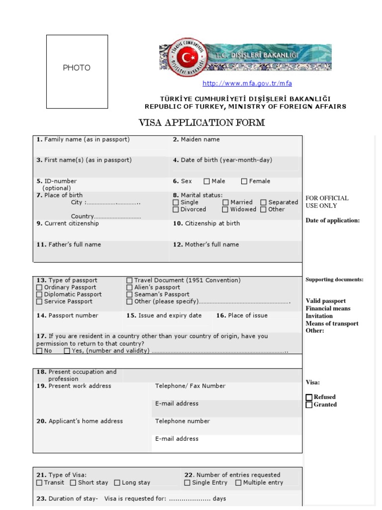 Turkey Visa Application Form Travel Visa Passport