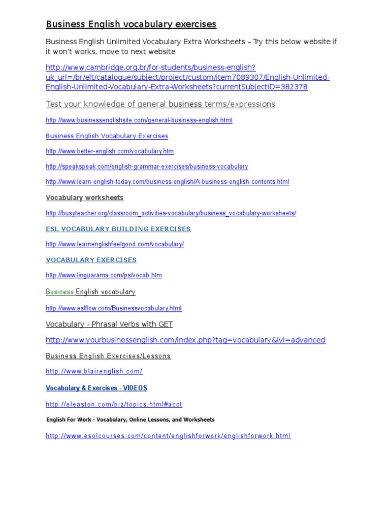 business english vocabulary exercises pdf