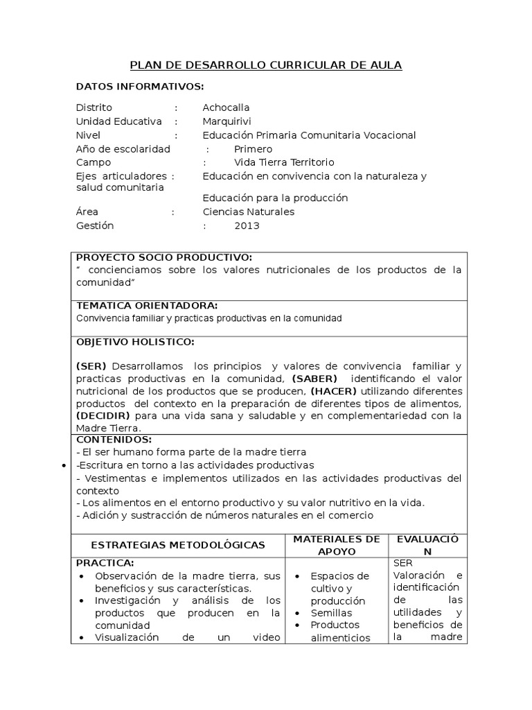 Plan de Desarrollo Curricular de Aula. | PDF | Alimentos | Nutrición