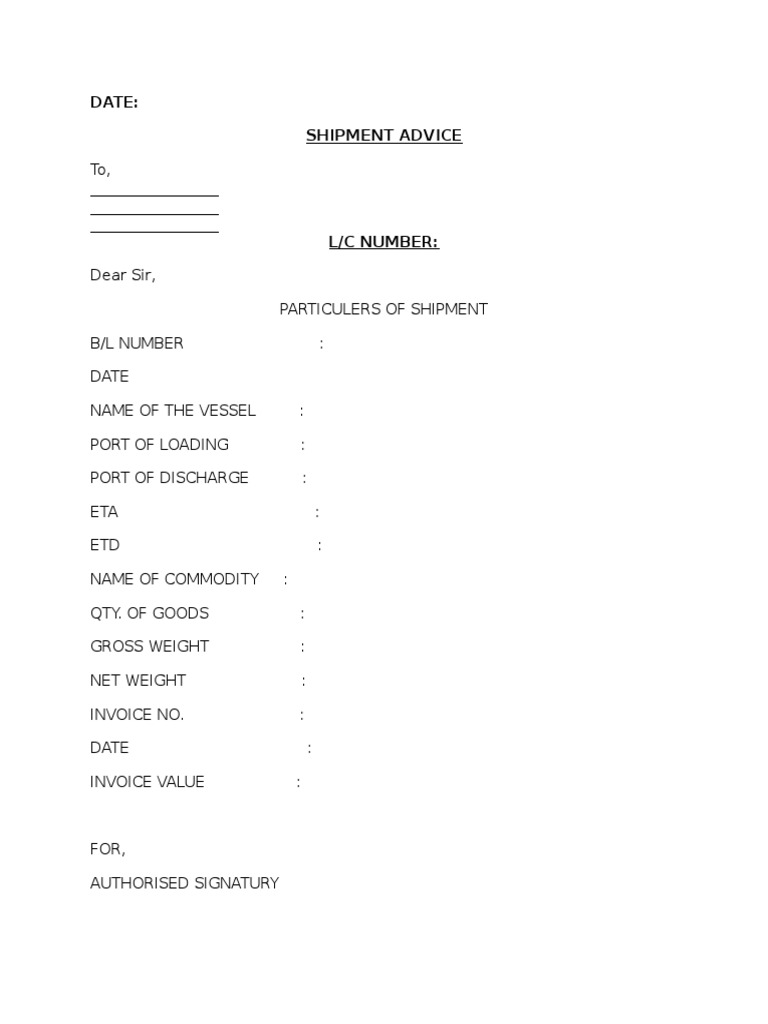 Shipment Advice Document Template | PDF