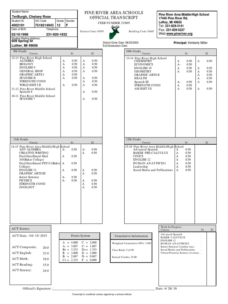 Pine River Area Schools Transcript | PDF