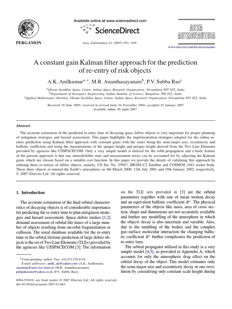 A Constant Gain Kalman Filter Approach For The Prediction of Re-Entry ...