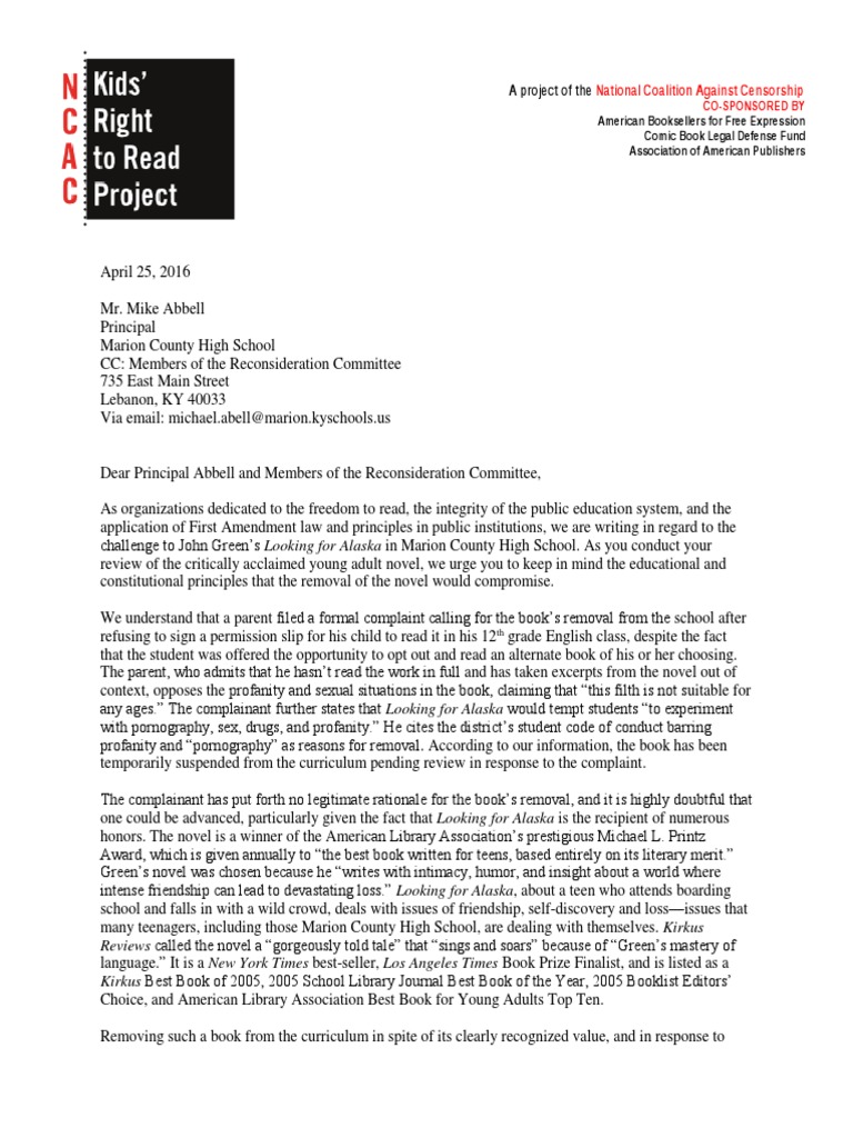NCAC Letter To MCHS Re Looking For Alaska | PDF | Curriculum | Freedom ...