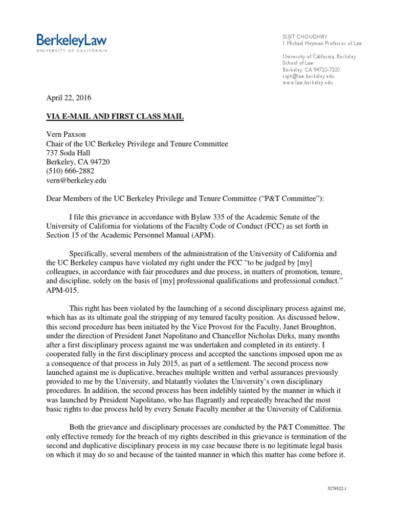 2016 04 22 Grievance Letter With Exhibits University Of California 