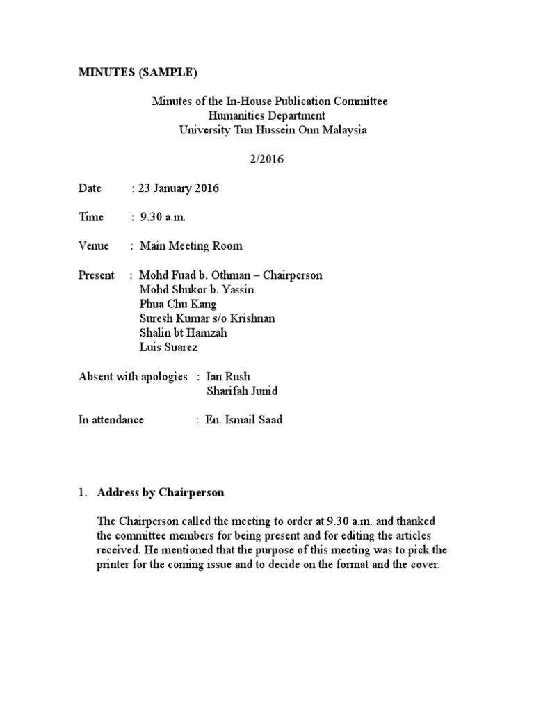 Minutes of Meeting (Sample) | PDF