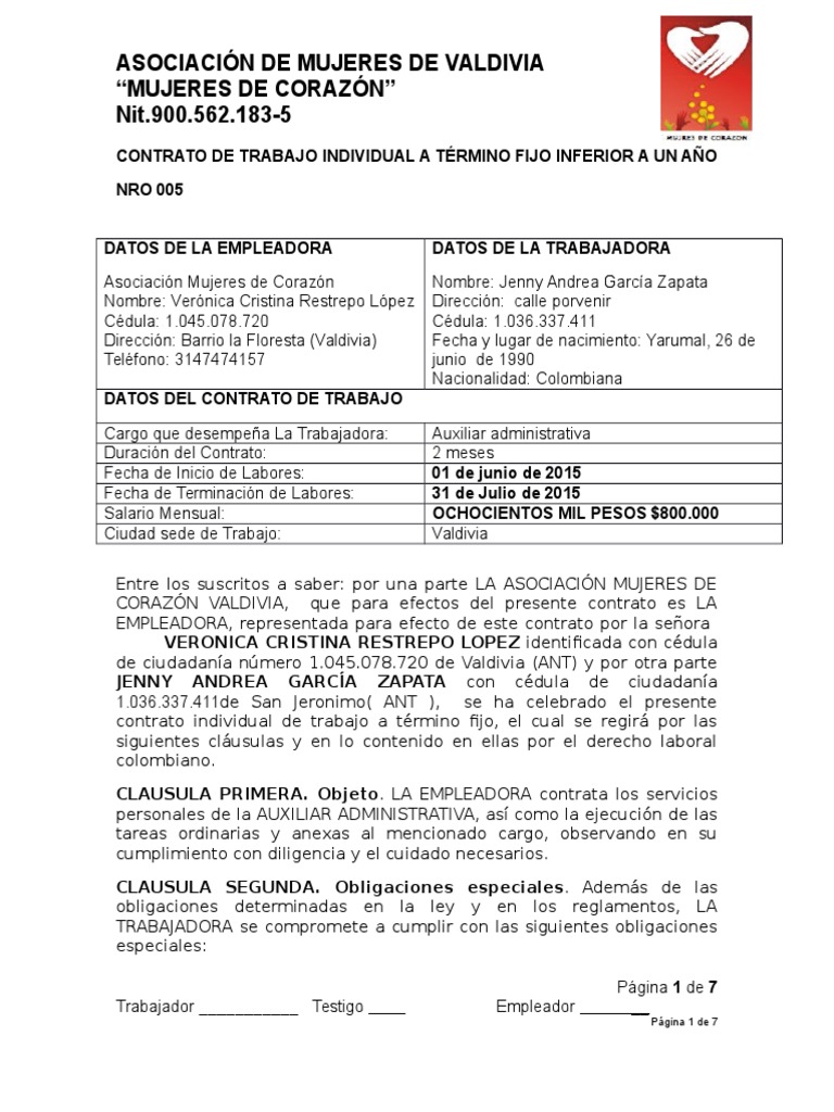 Contrato Auxiliar Administrativa Derecho laboral Salario