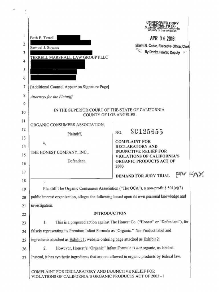 Honest Company Lawsuit PDF Organic Foods Chemical Compounds