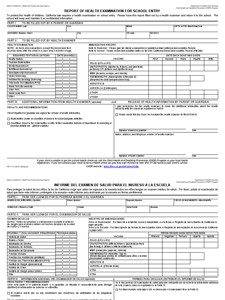 Report of Health Examination For School Entry To Be Filled Out by A