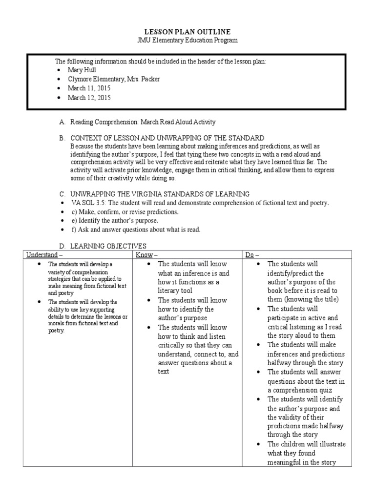 Lesson Plan Outline Read Comprehension 400 Level | PDF | Reading