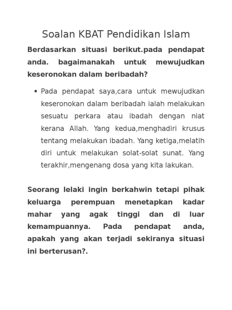 Soalan Kbat Pendidikan Islam Pdf