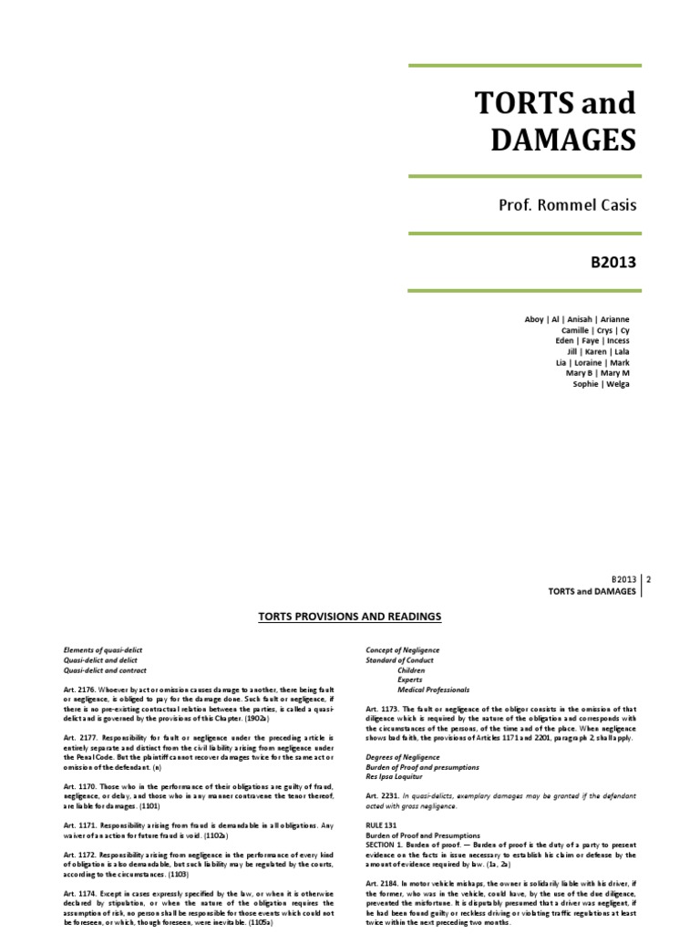Torts Casis Finals Reviewer PDF Damages Tort pic