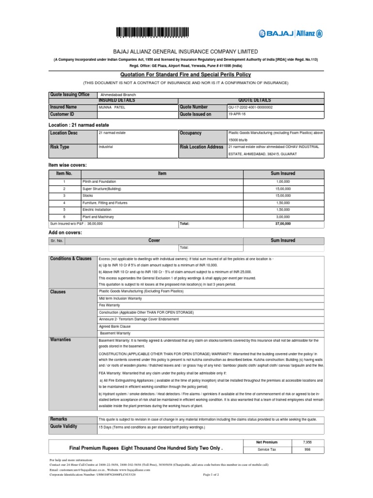 Fire Quote PDF Fire Sprinkler System Insurance