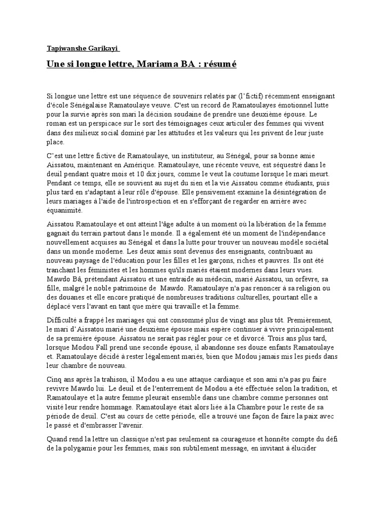 Une Si Longue lettre resumé Mariage Politique