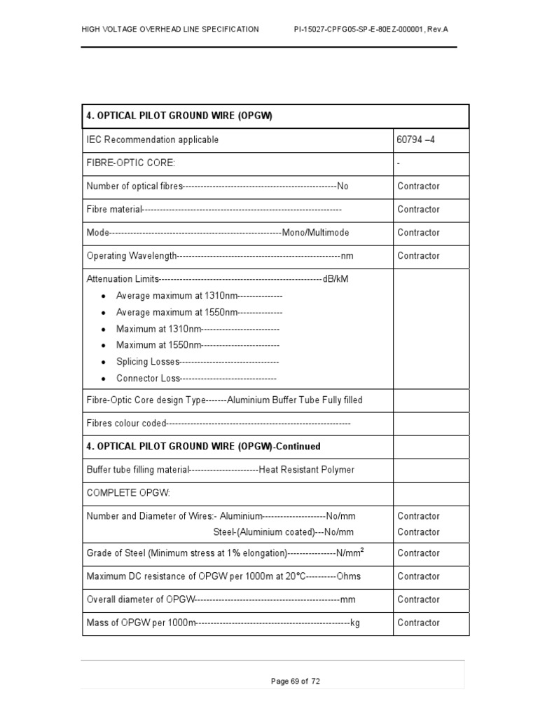 OPGW Specifications for High Voltage Lines | PDF