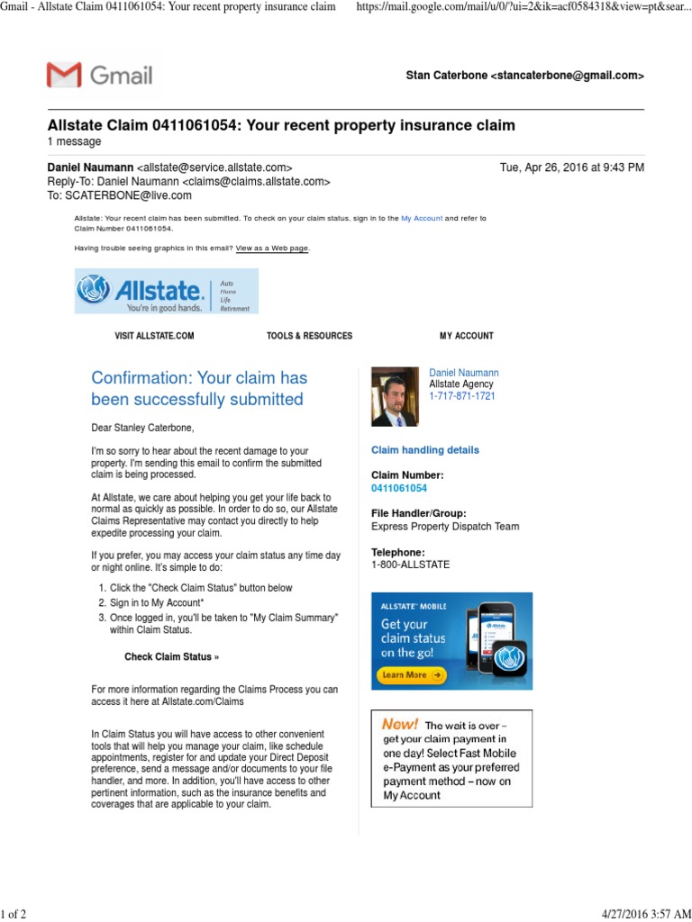 Allstate Claim Confirmation 0411061054 | PDF | Http Cookie | Insurance