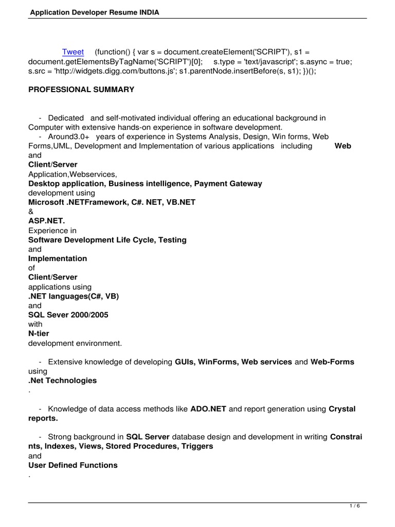 Application Developer Resume India | PDF | Microsoft Sql Server ...