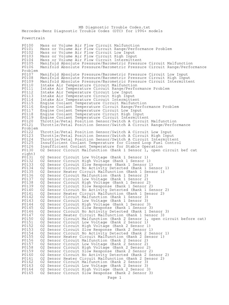 Mercedes-Benz DTC Reference Guide | PDF | Fuel Injection | Transmission ...