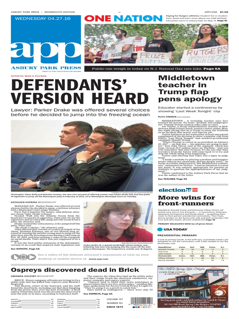 Asbury Park Press Front Page Wednesday, April 27 2016 PDF Last Week