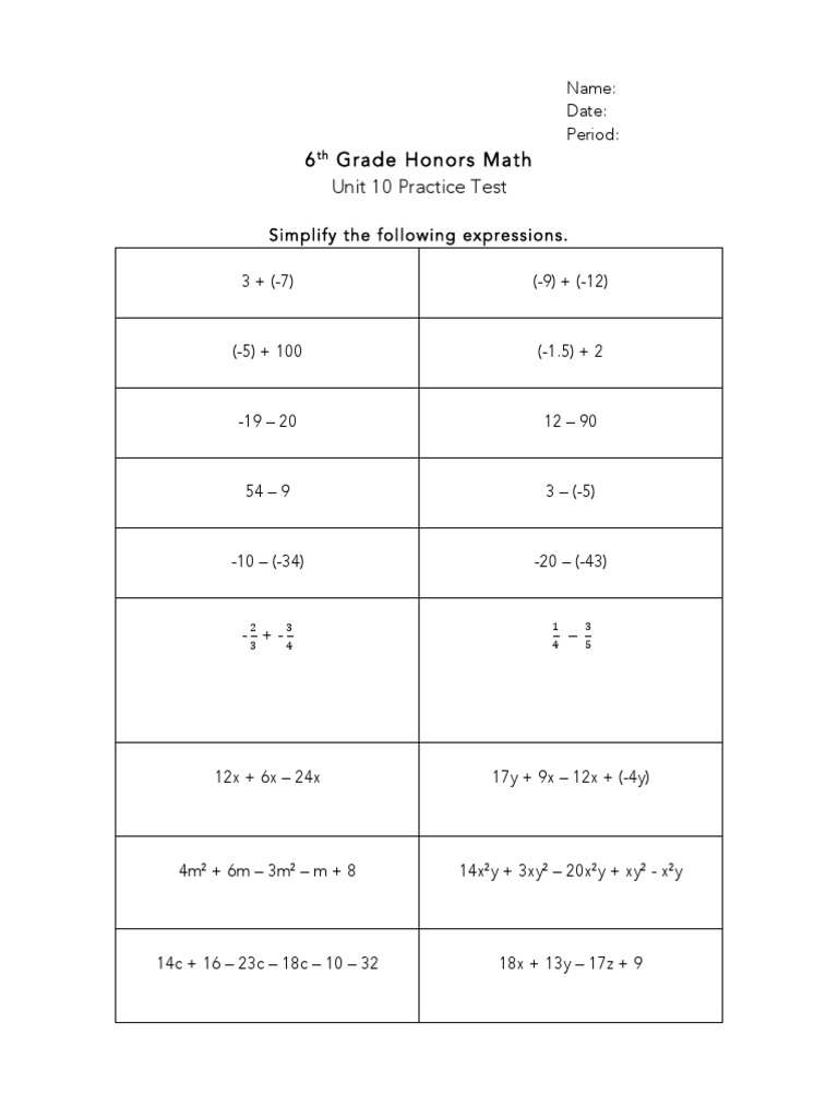 6 Grade Honors Math Unit 10 Practice Test | PDF | Teaching Methods ...