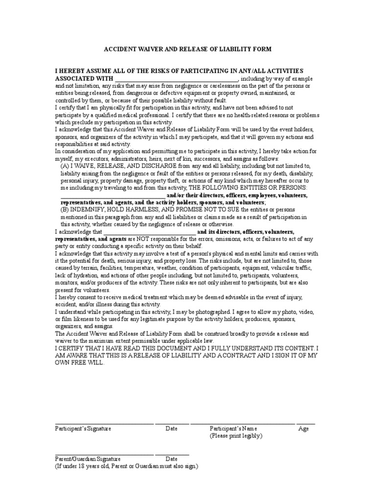 Company Event Accident Waiver and Release of Liability Form | Indemnity ...
