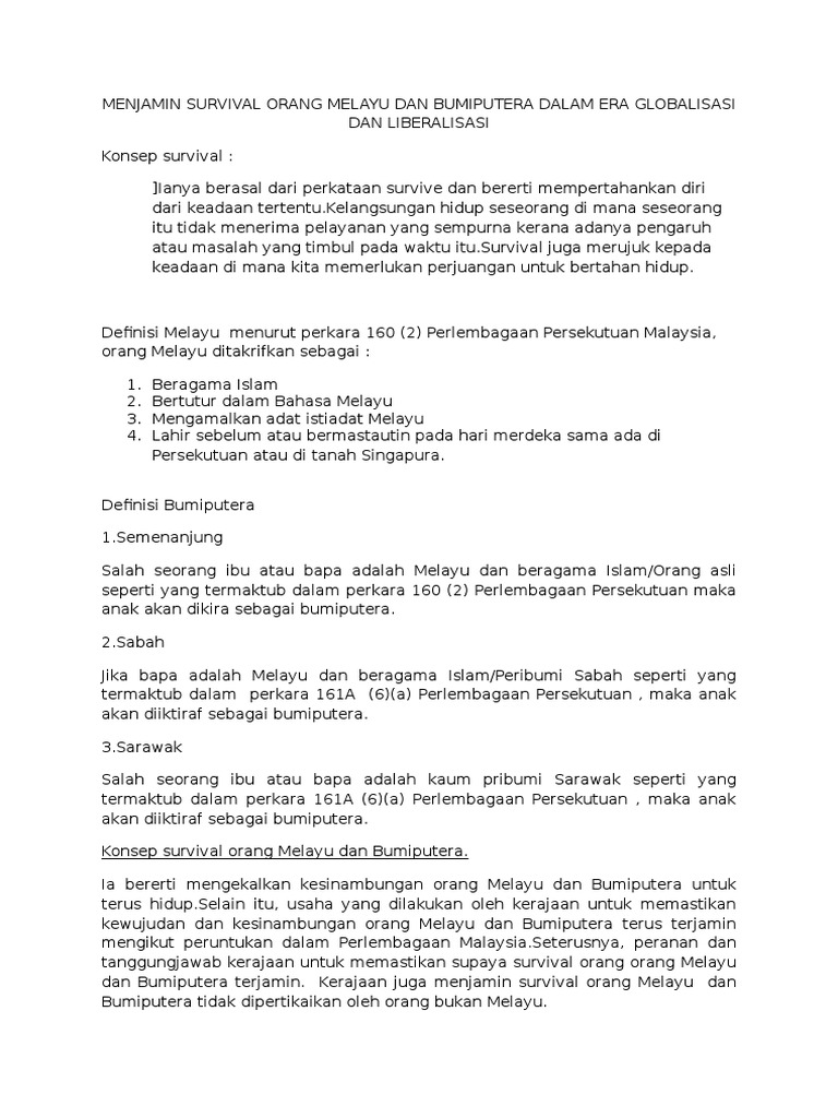 Menjamin Survival Orang Melayu Dan Bumiputera Dalam Era Globalisasi Dan Liberalisasi Pdf