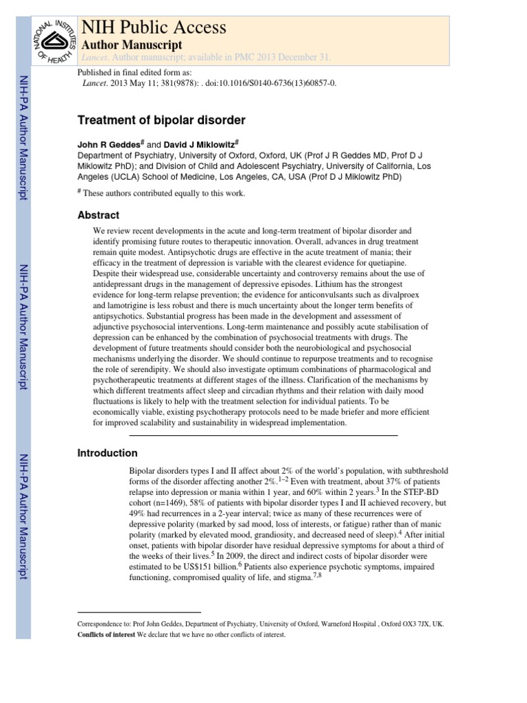 Treatment of Bipolar Disorder | PDF | Bipolar Disorder | Mania